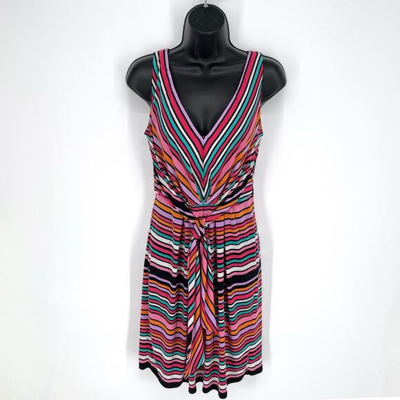 Betsey Johnson V-Neck Sleeveless Dress Sz 2 Pink Multi Striped Front Sash Zipper - Picture 1 of 9